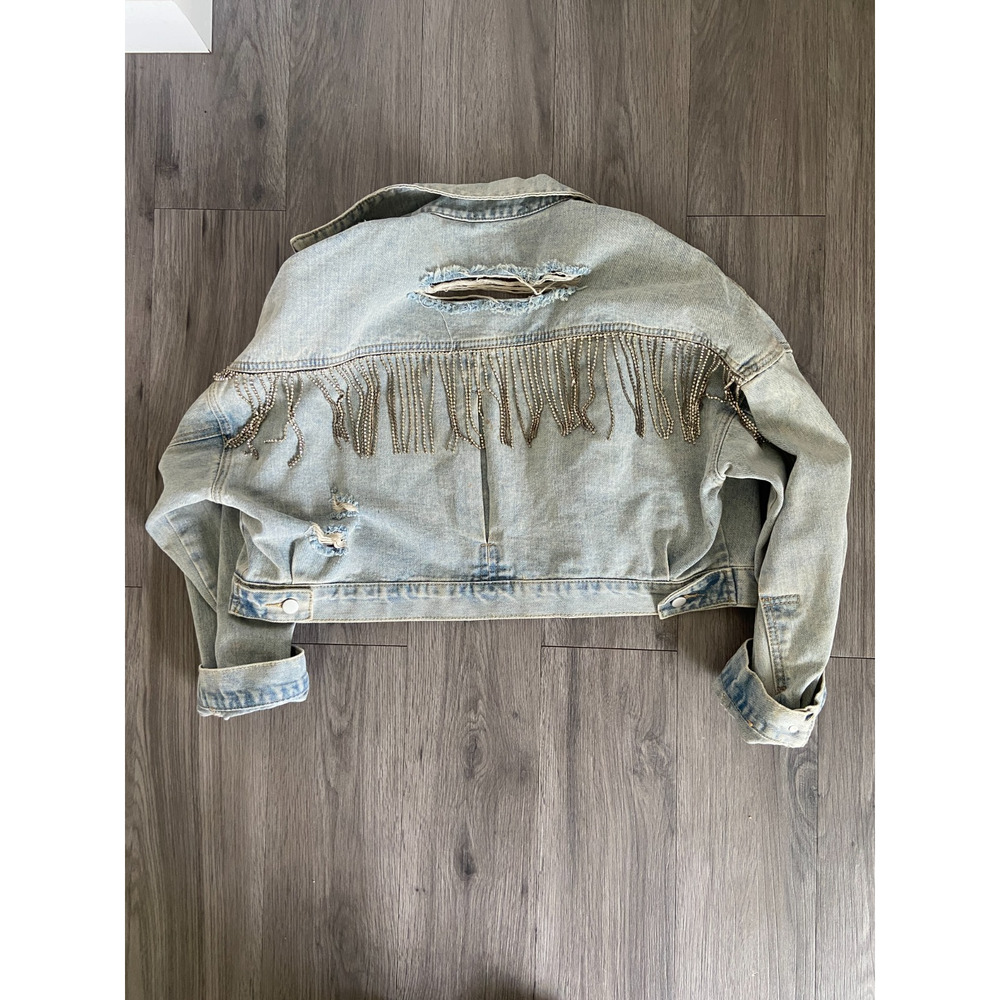 Blue B Denim Jean Jacket Women’s Sz M/L Western Light Distressed Beaded Tassles